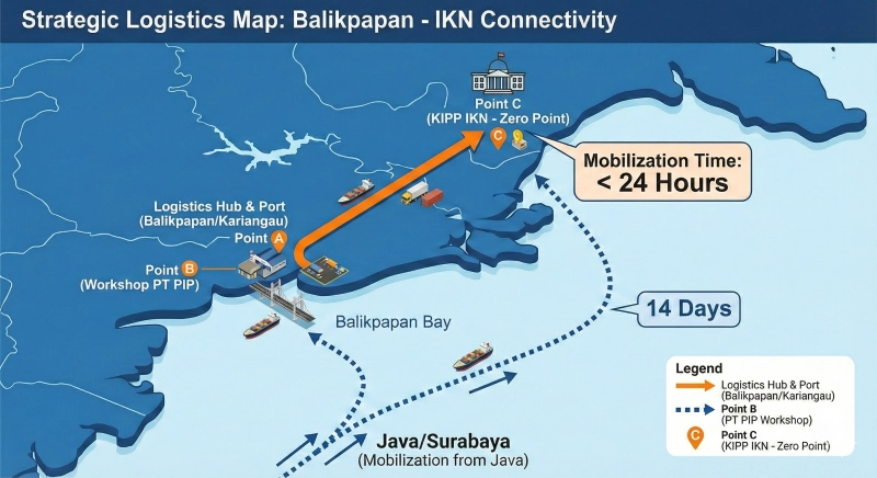 Infographic map comparing logistics mobilization time to IKN Zero Point: Fast orange route (