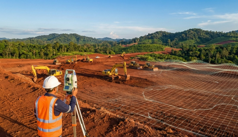 Surveyor geodesi menggunakan total station di lokasi cut and fill Kalimantan Timur dengan latar belakang alat berat bekerja.
