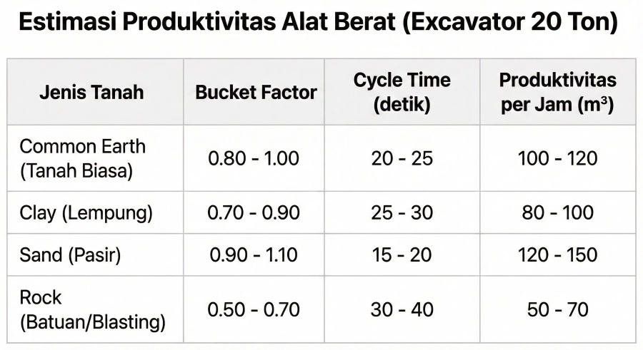 Tabel data berjudul "Estimasi Produktivitas Alat Berat (Excavator 20 Ton)" menampilkan kolom Jenis Tanah, Bucket Factor, Cycle Time, dan Produktivitas per Jam untuk tanah biasa, lempung, pasir, dan batuan.