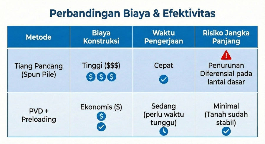 Tabel matriks yang membandingkan biaya konstruksi, waktu pengerjaan, dan risiko jangka panjang antara metode Tiang Pancang dan PVD + Preloading.