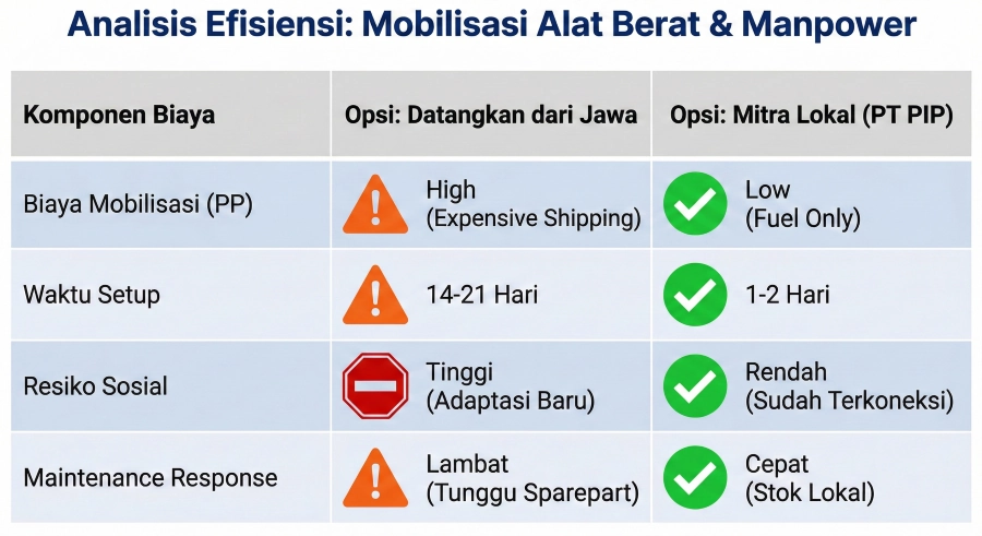 Tabel analisis efisiensi yang membandingkan 'Opsi Datangkan dari Jawa' (banyak tanda peringatan oranye/merah) dengan 'Opsi Mitra Lokal PT PIP' (banyak tanda centang hijau) untuk komponen Biaya Mobilisasi, Waktu Setup, Risiko Sosial, dan Respon Maintenance.