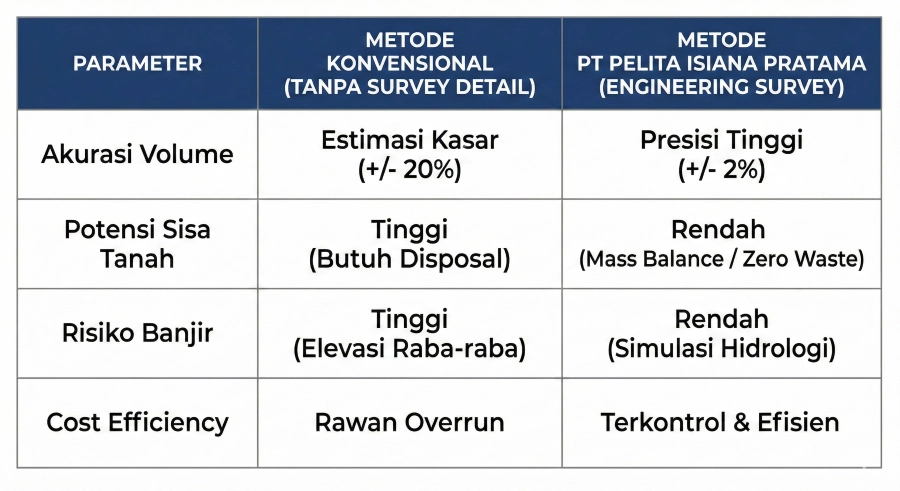 Tabel perbandingan efisiensi antara metode konvensional dan metode engineering survey PT Pelita Isiana Pratama.