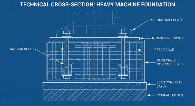 Technical cross-section drawing of a reinforced concrete block foundation for heavy machinery, showing details of compacted soil layer, lean concrete, rebar cage, deeply embedded anchor bolts, non-shrink grout layer, and the machine baseplate on top.