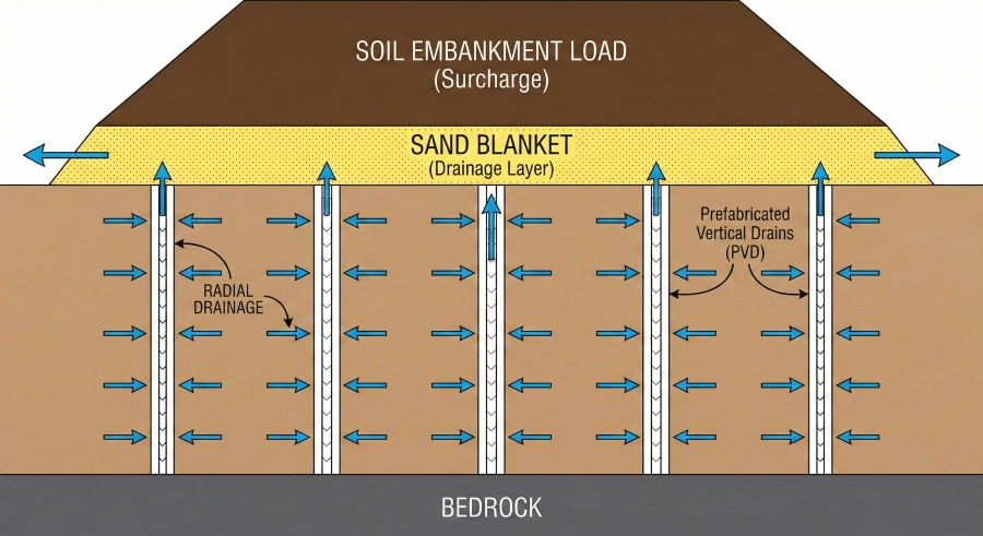 Technical cross-section diagram illustrating how PVD and preloading (surcharge) work to accelerate water discharge from soft soil via radial drainage.
