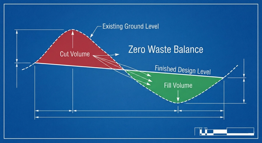 Technical cross-section diagram on a blueprint background, showing "Level Tanah Asli" (dashed line) and "Level Rencana Akhir" (solid line). Red "Volume Galian" area is moved to green "Volume Timbunan" area to achieve "Keseimbangan Nol Limbah".