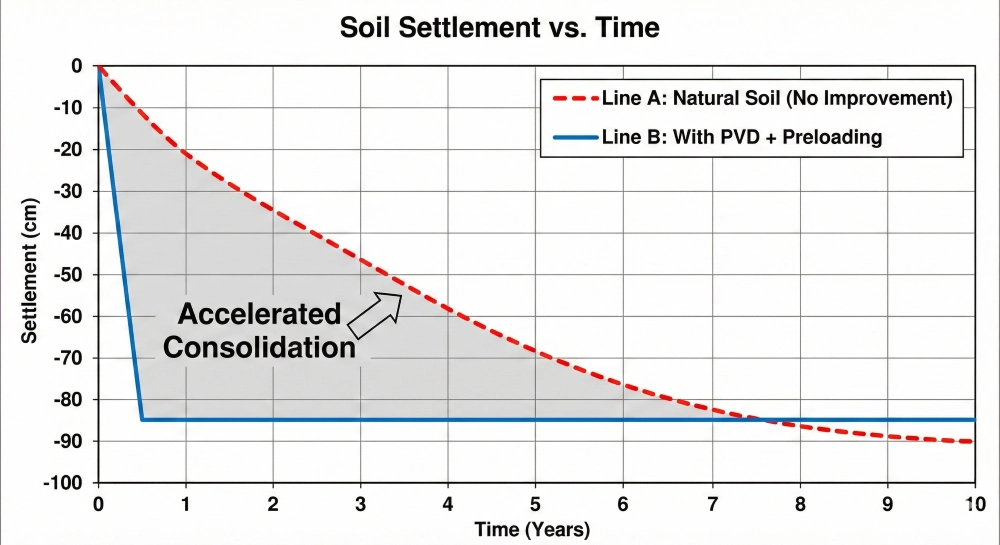 A line graph curve comparing soil settlement versus time between natural soil without improvement and soil with the PVD + Preloading method.